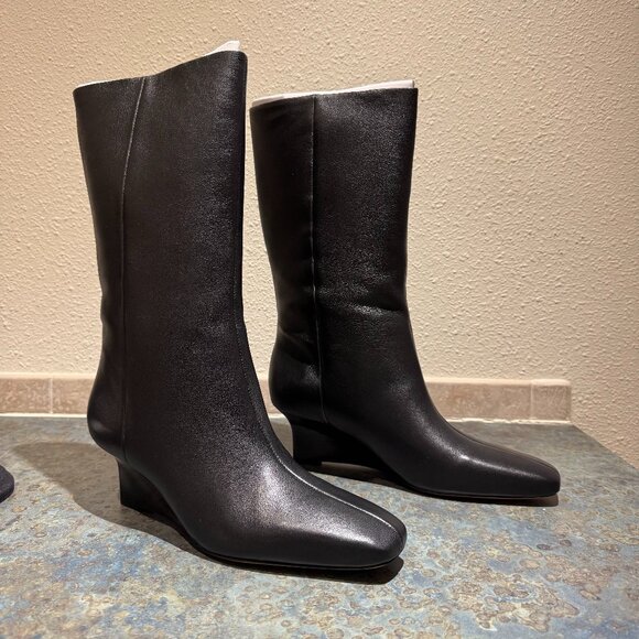 Vince Black Leather Beverly Mid Calf Wedge Boots - 9.5/39.5 - Picture 2 of 9